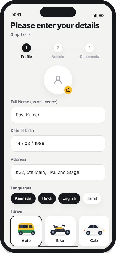 Driver profile step with languages and vehicle type