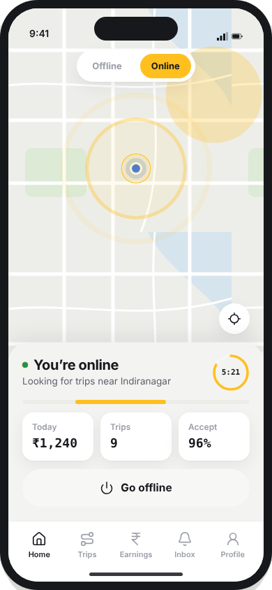 Driver online with today’s earnings and acceptance rate