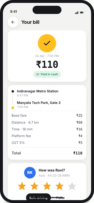 The bill with a fare breakdown and rating