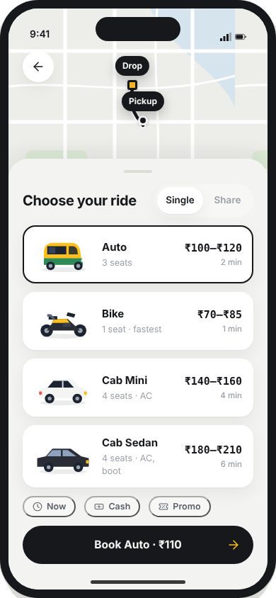 Choose your ride with fare ranges and pickup times