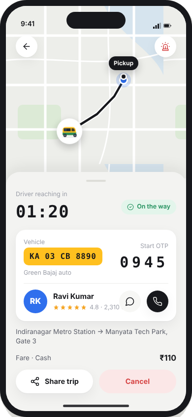 Driver on the way with vehicle number and start code