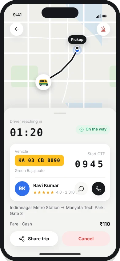 Live tracking screens in the BobsRide, Eatato and Findar concepts