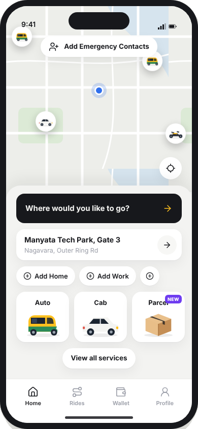 Rider home screen with services and a recent destination