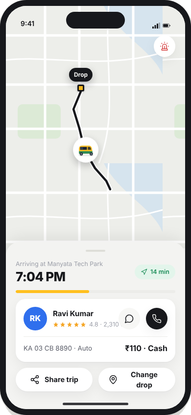 In-trip screen with arrival time and share trip
