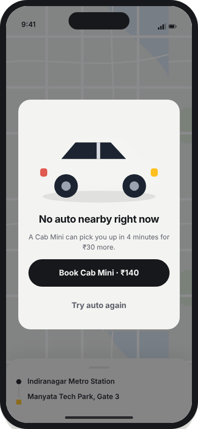 No auto nearby, with a cab suggested instead