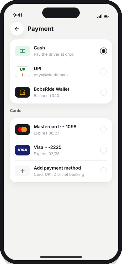 Payment methods: cash, UPI, wallet and cards