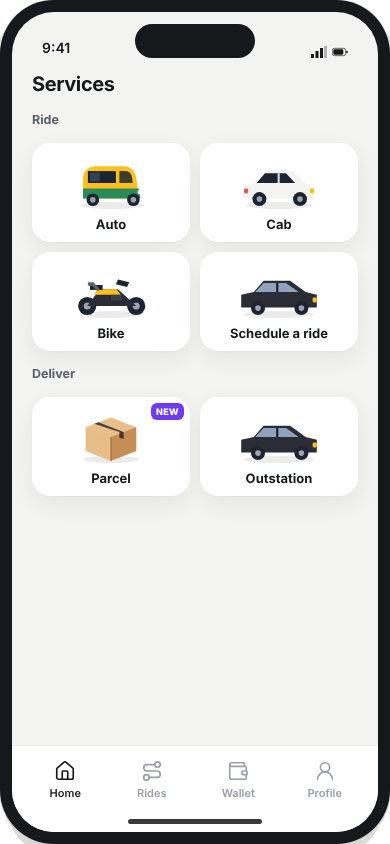 All services: auto, cab, bike, parcel, schedule and outstation