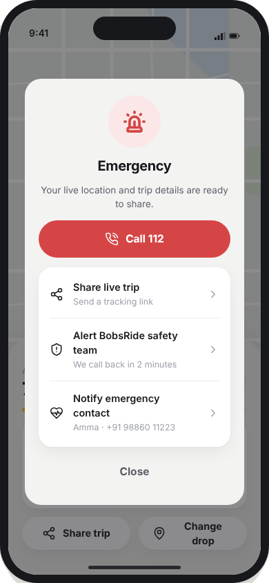 Emergency screen with call 112 and share live trip