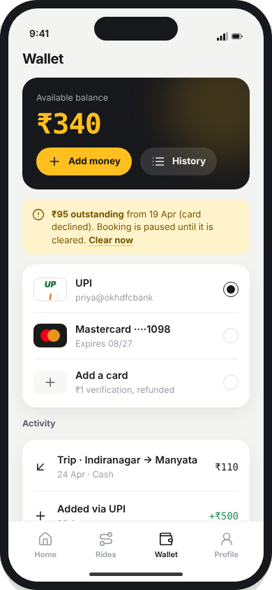 Wallet with balance, payment methods and activity