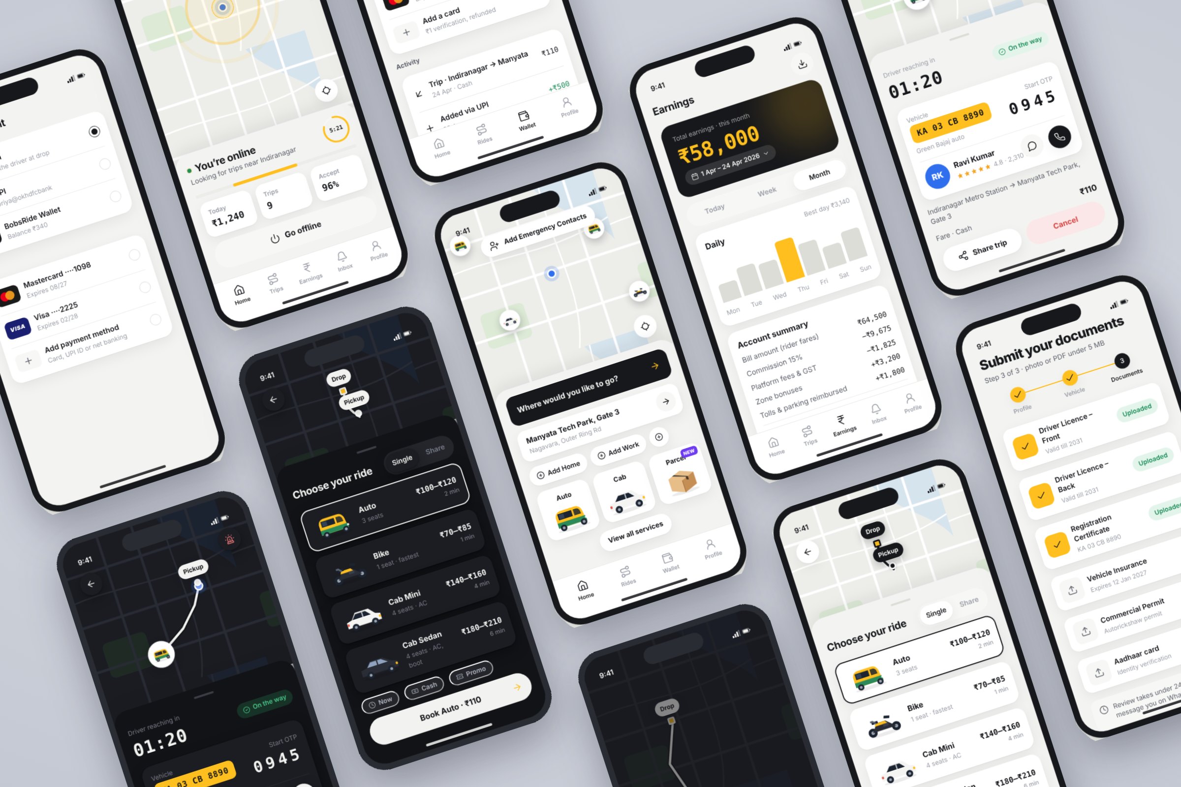 Ride-hailing concept screens: rider home, choosing a ride, driver on the way, wallet, and the driver’s earnings, trip request and documents