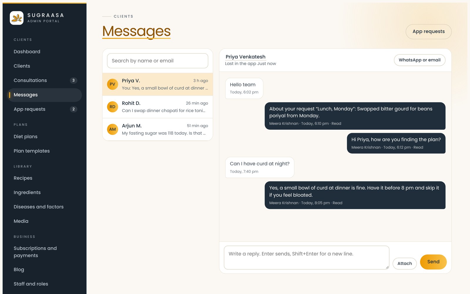 Messages between the team and a client