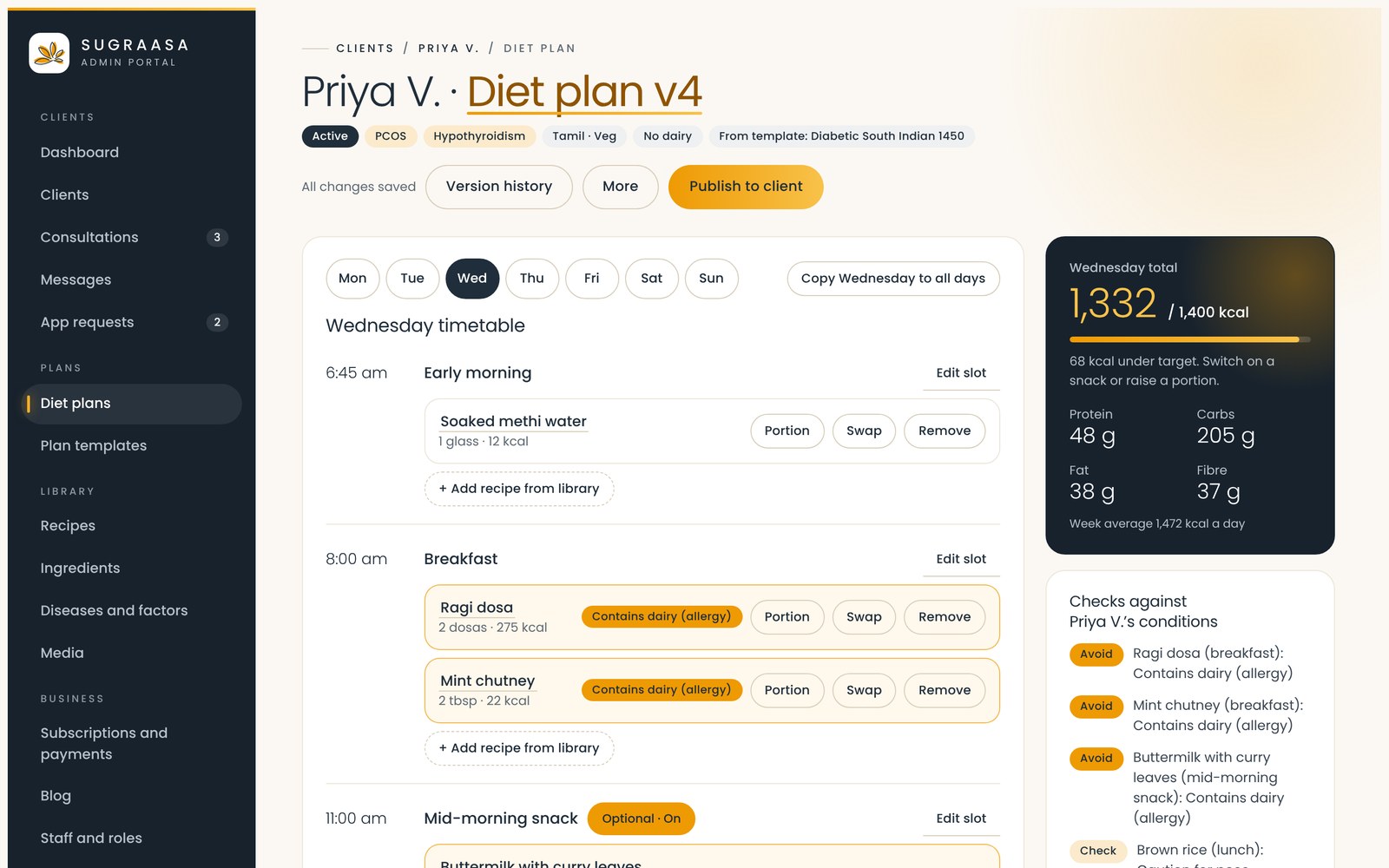 Diet plan builder with daily totals and checks against the client’s conditions