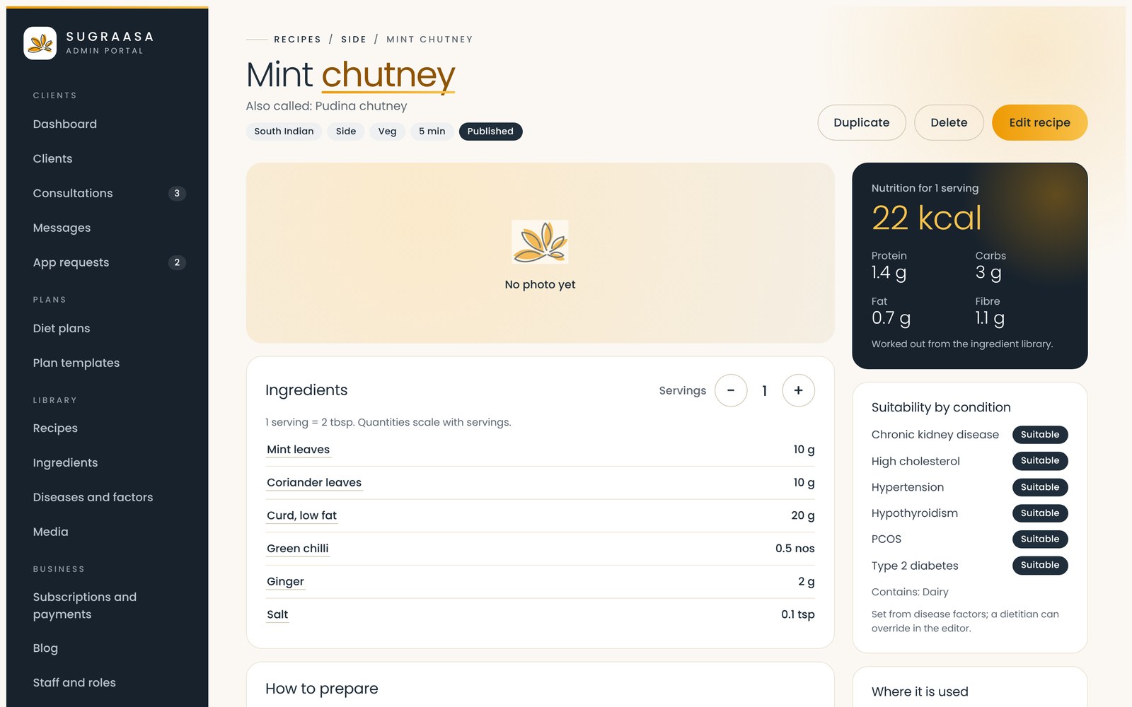 Recipe detail with nutrition per serving and suitability by condition