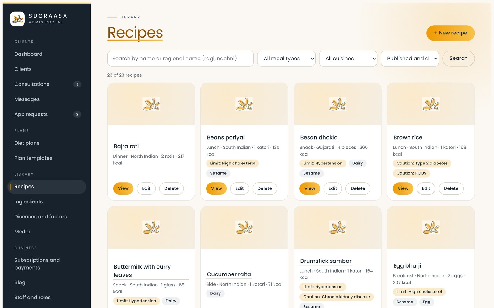 Recipe library with condition flags and allergens