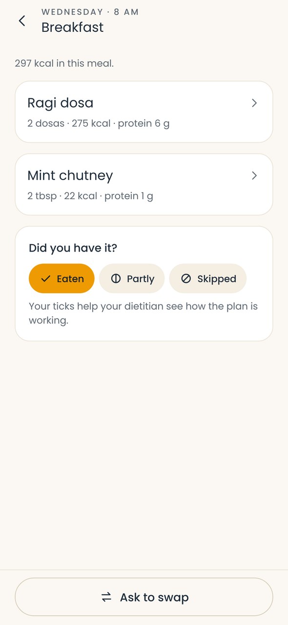 A meal with eaten, partly and skipped options