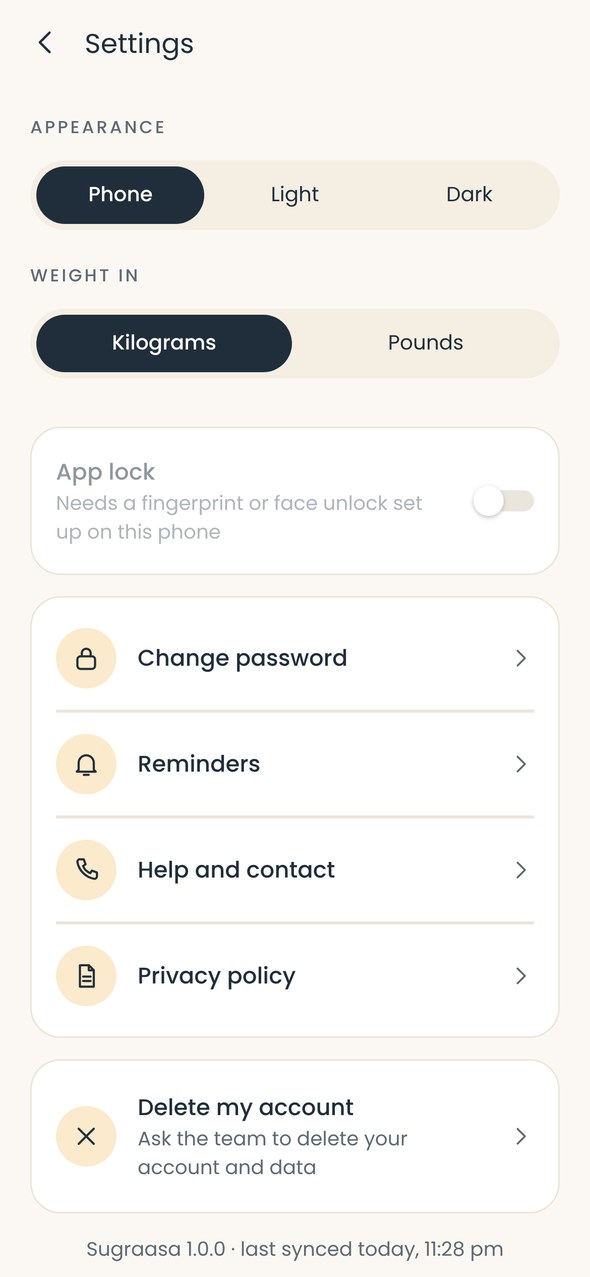Settings with appearance, units and app lock