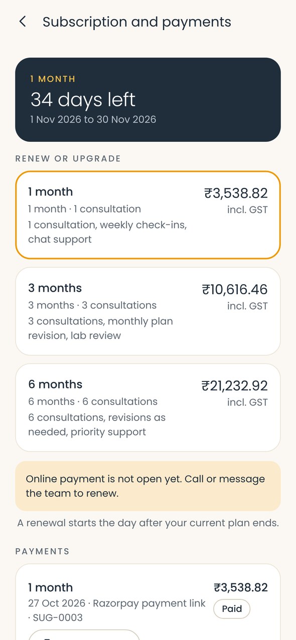 Subscription with days left and renewal options
