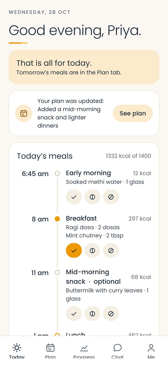 Today screen with the day’s meals and quick ticks