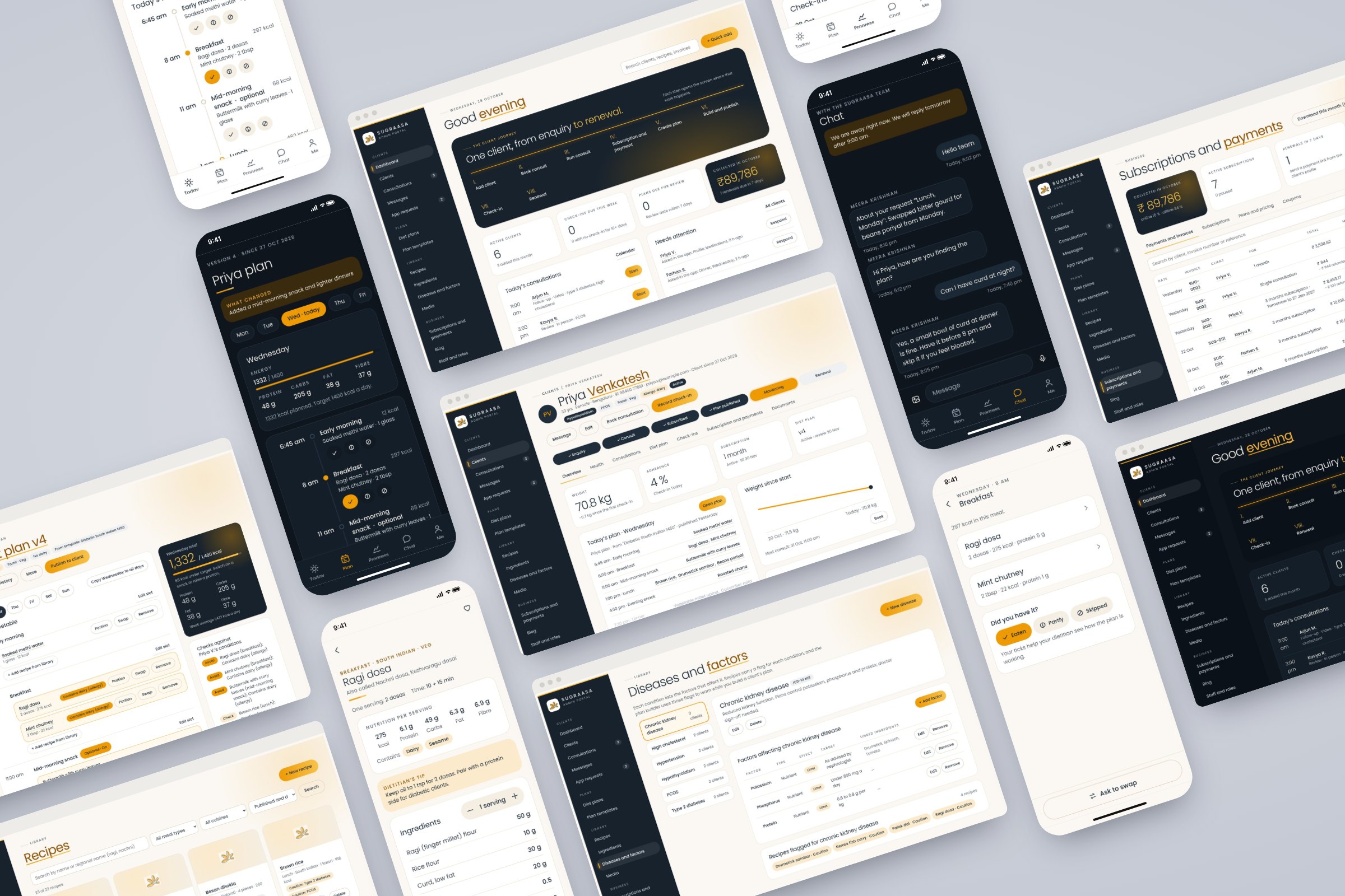 Sugraasa screens: the admin dashboard, plan builder, client profile, conditions and payments, and the client app’s today, plan, recipe, chat and meal screens